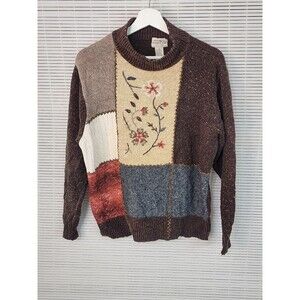 Vintage 80s Brownstone 1X Wool Blend Sweater Embroider Floral Browns Red Creams